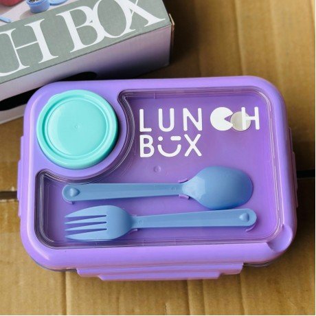 Lunch Box 2555 - 3 Grid leakproof Bento Lunch Box - comes with plastic cutlery & 80 ML Sauce Bowl