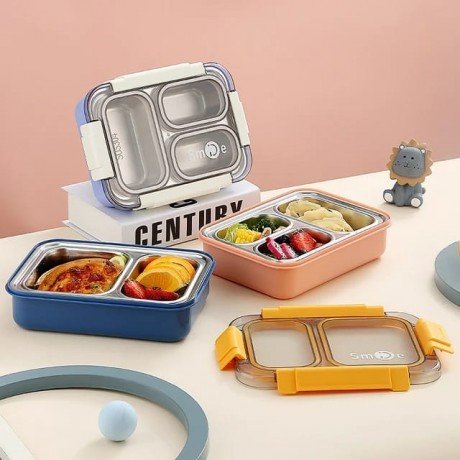 LUNCH BOX 2559 - 3 GRID BENTO LUNCH BOX - INDIVIDUALLY SEALED - WITH STEEL CUTLERY