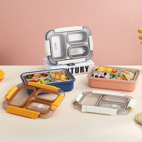 LUNCH BOX 2559 - 3 GRID BENTO LUNCH BOX - INDIVIDUALLY SEALED - WITH STEEL CUTLERY